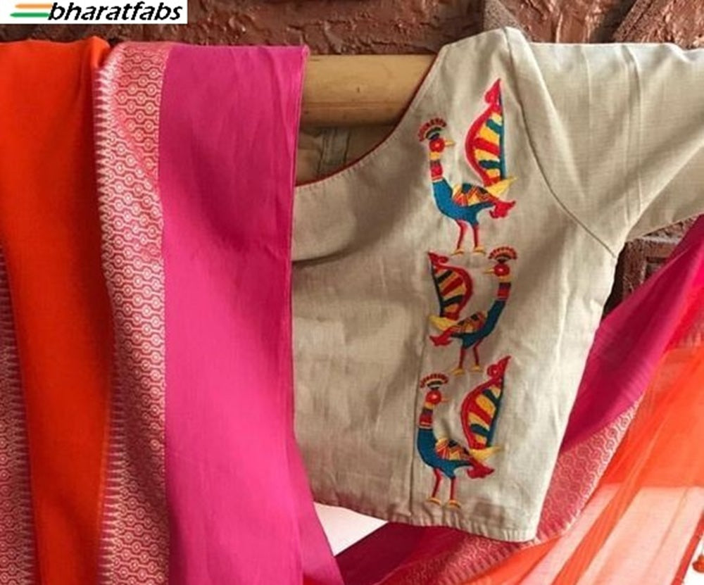 Beautiful Pure soft cotton Designer Embroidery Saree Blouse - Readymade