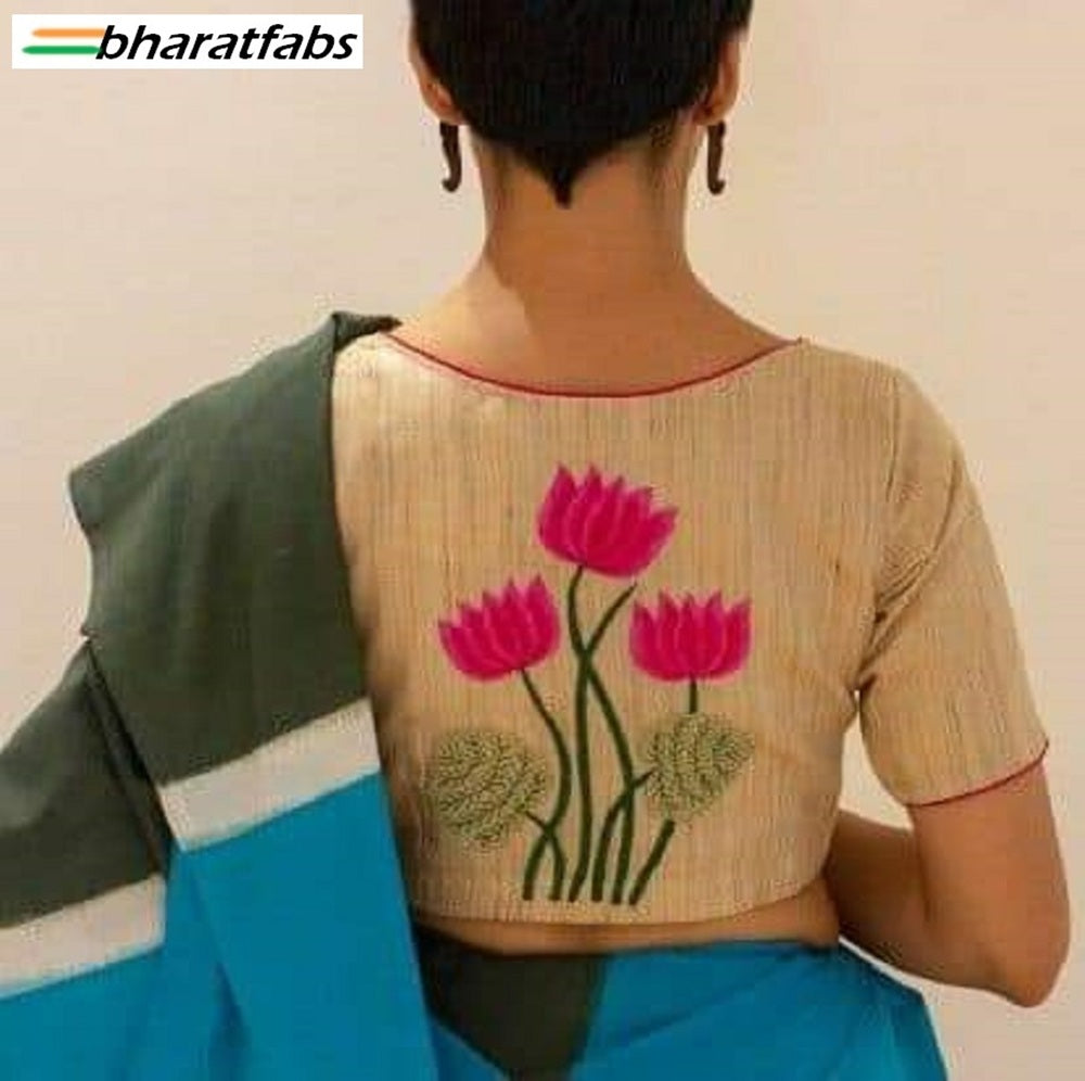 Beautiful Pure soft cotton Designer Embroidery Saree Blouse - Readymade