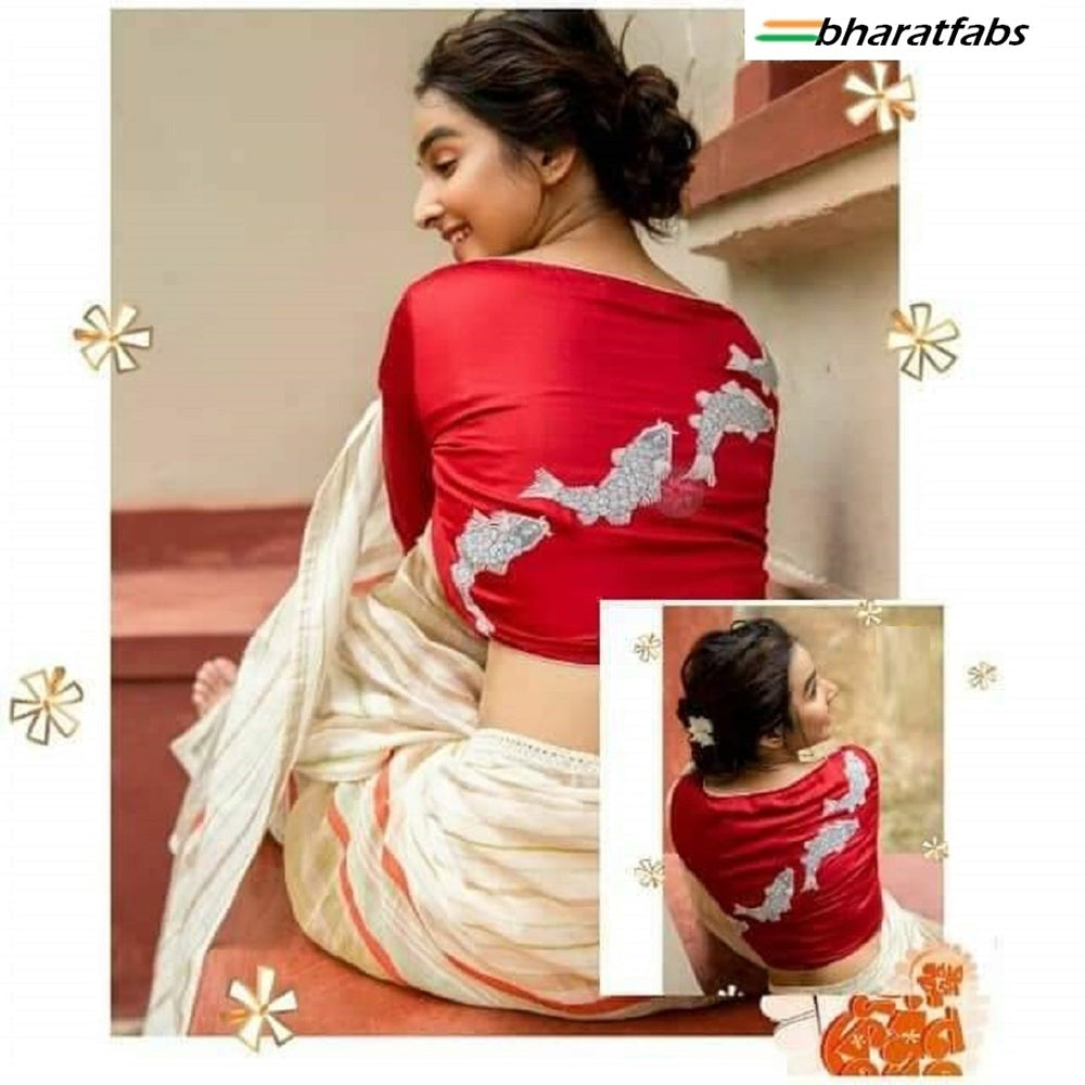 Beautiful Pure soft cotton Designer Embroidery Saree Blouse - Readymade
