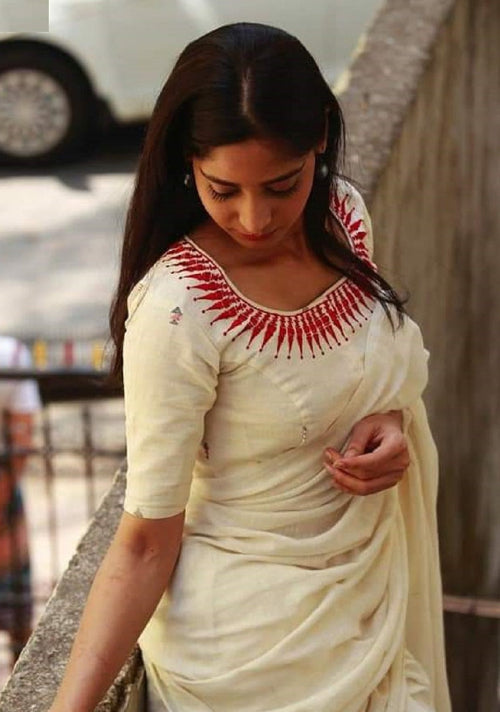 Beautiful Pure soft cotton Designer Embroidery Saree Blouse - Readymade